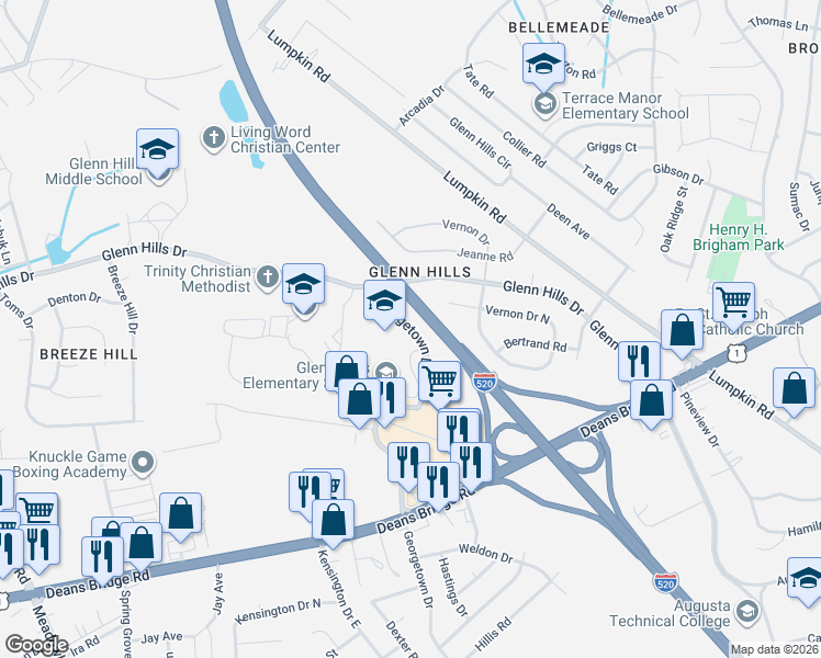 map of restaurants, bars, coffee shops, grocery stores, and more near 2810 Vernon Court in Augusta