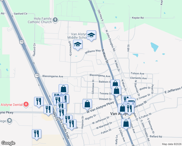 map of restaurants, bars, coffee shops, grocery stores, and more near 413 Vawter Drive in Van Alstyne