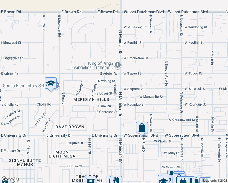 map of restaurants, bars, coffee shops, grocery stores, and more near 11536 East Dover Street in Mesa
