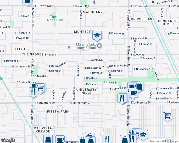 map of restaurants, bars, coffee shops, grocery stores, and more near 4012 East Dover Street in Mesa