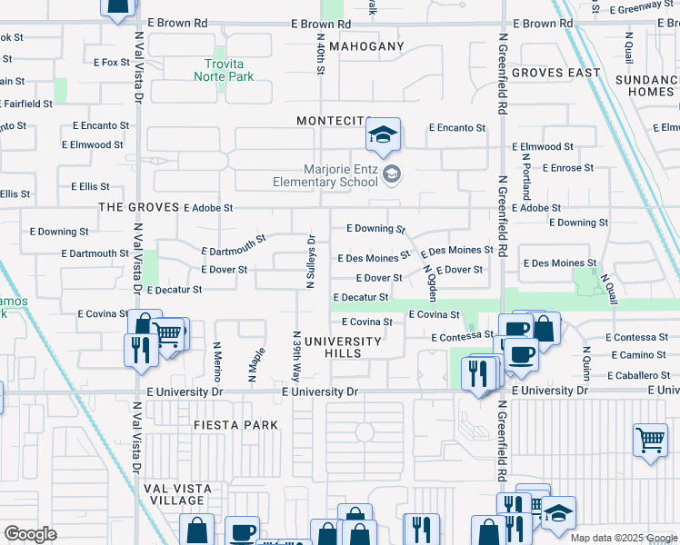 map of restaurants, bars, coffee shops, grocery stores, and more near 4012 East Dover Street in Mesa