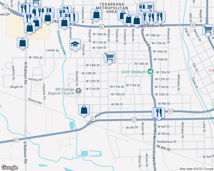 map of restaurants, bars, coffee shops, grocery stores, and more near 1105 Milam Street in Texarkana