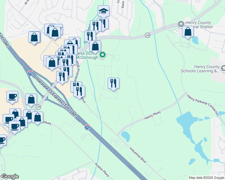 map of restaurants, bars, coffee shops, grocery stores, and more near 190 Regency Park Drive in McDonough