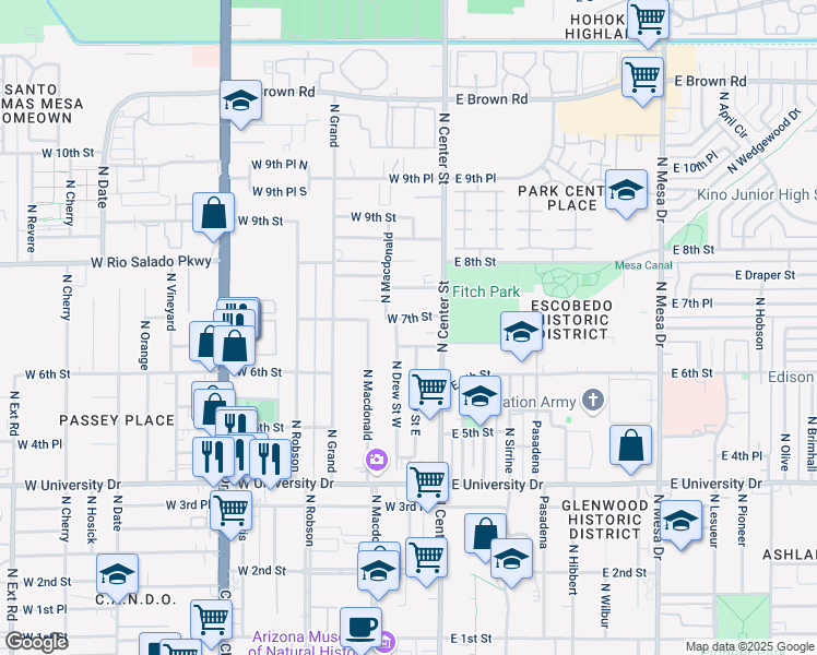 map of restaurants, bars, coffee shops, grocery stores, and more near 33 West 7th Street in Mesa