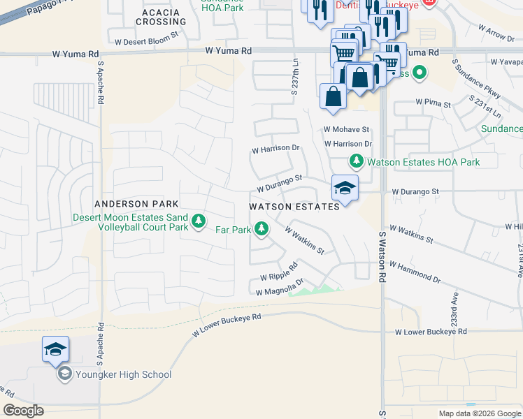 map of restaurants, bars, coffee shops, grocery stores, and more near 2084 South 238th Lane in Buckeye