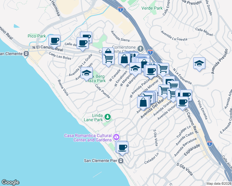 map of restaurants, bars, coffee shops, grocery stores, and more near 233 West Mariposa in San Clemente