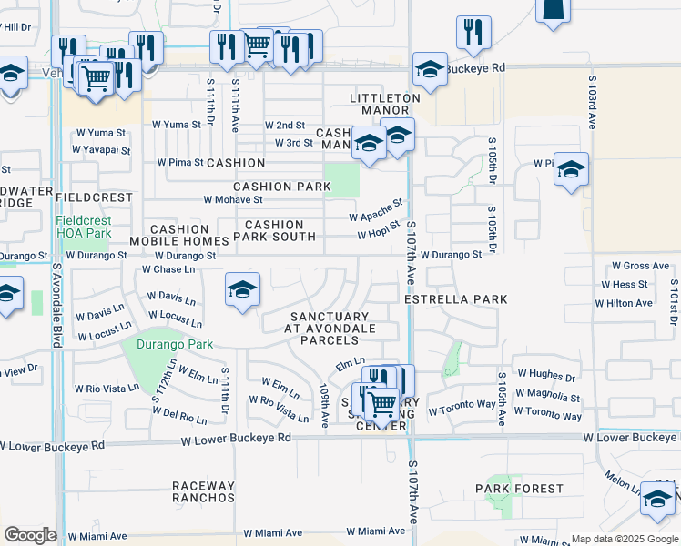 map of restaurants, bars, coffee shops, grocery stores, and more near 10854 West Locust Lane in Avondale