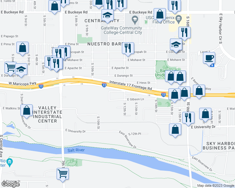 map of restaurants, bars, coffee shops, grocery stores, and more near 1125 East Hilton Avenue in Phoenix