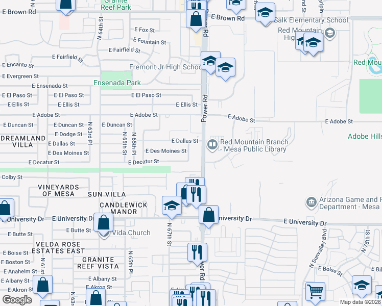 map of restaurants, bars, coffee shops, grocery stores, and more near 635 North 67th Place in Mesa
