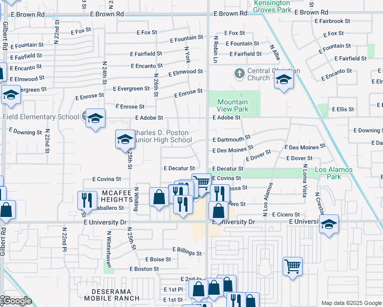 map of restaurants, bars, coffee shops, grocery stores, and more near 642 North Yale in Mesa