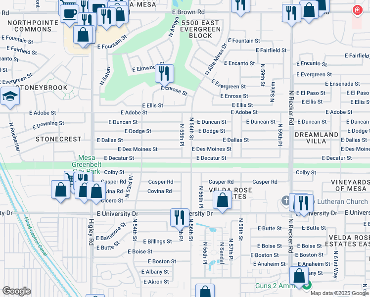 map of restaurants, bars, coffee shops, grocery stores, and more near 629 North 55th Place in Mesa