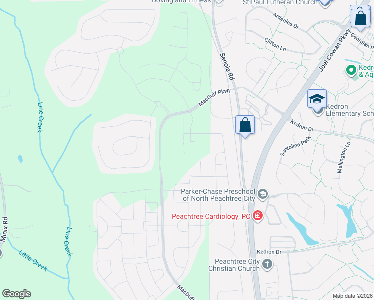 map of restaurants, bars, coffee shops, grocery stores, and more near 180 Senoia Road in Peachtree City
