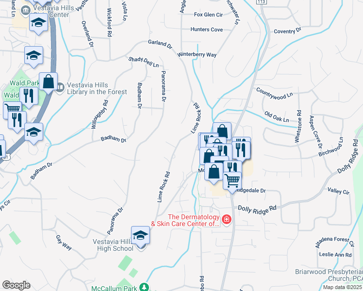 map of restaurants, bars, coffee shops, grocery stores, and more near 2343 Lime Rock Road in Vestavia Hills