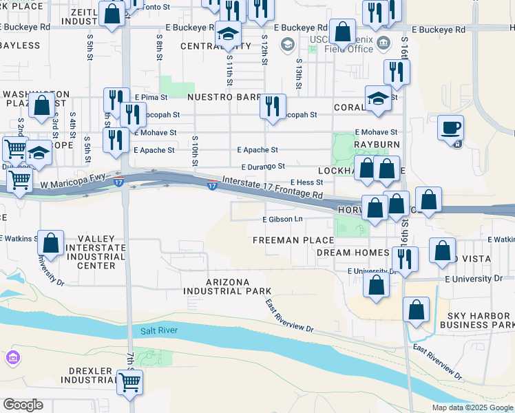 map of restaurants, bars, coffee shops, grocery stores, and more near 1125 East Hilton Avenue in Phoenix