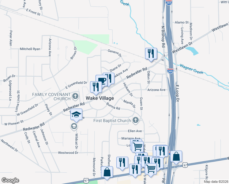 map of restaurants, bars, coffee shops, grocery stores, and more near 729 Mac Arthur Avenue in Wake Village
