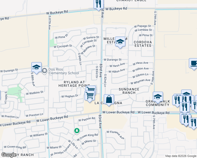 map of restaurants, bars, coffee shops, grocery stores, and more near 2221 S 83rd Dr in Tolleson
