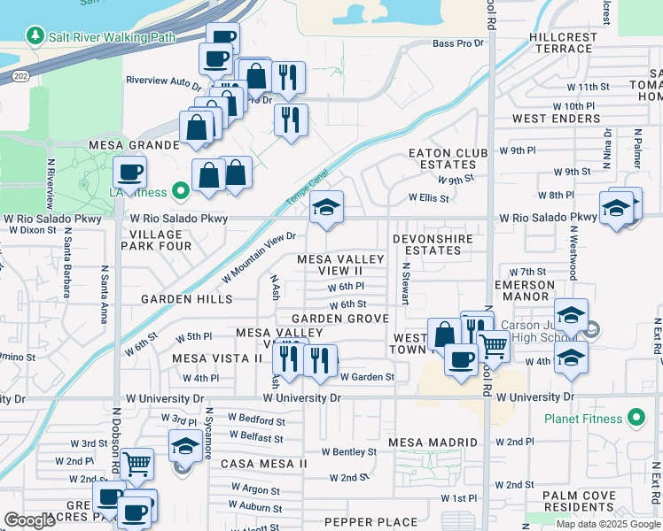 map of restaurants, bars, coffee shops, grocery stores, and more near 1530 West 7th Street in Mesa