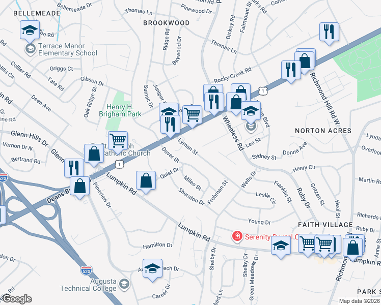 map of restaurants, bars, coffee shops, grocery stores, and more near 2564 Lyman Street in Augusta