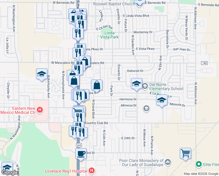 map of restaurants, bars, coffee shops, grocery stores, and more near 2704 Park Drive in Roswell