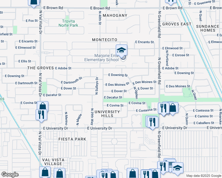 map of restaurants, bars, coffee shops, grocery stores, and more near 4012 East Dover Street in Mesa