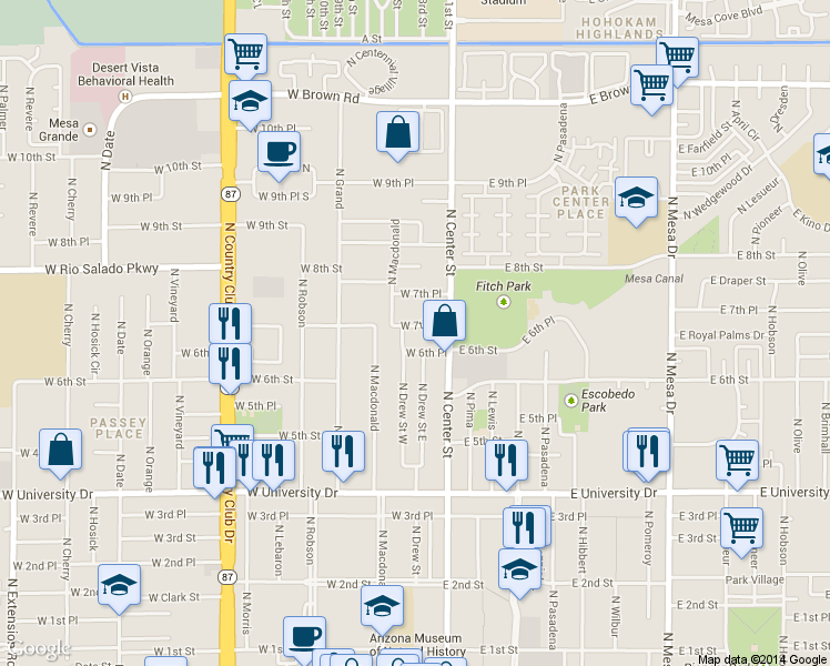 map of restaurants, bars, coffee shops, grocery stores, and more near 33 West 7th Street in Mesa
