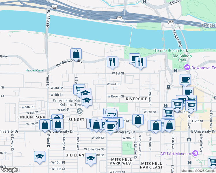 map of restaurants, bars, coffee shops, grocery stores, and more near 1003 West 2nd Street in Tempe