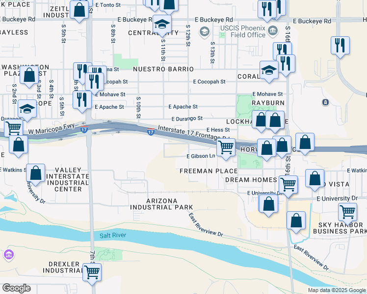 map of restaurants, bars, coffee shops, grocery stores, and more near 1125 East Hilton Avenue in Phoenix