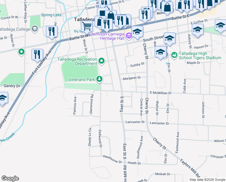 map of restaurants, bars, coffee shops, grocery stores, and more near 616 South Court Street in Talladega