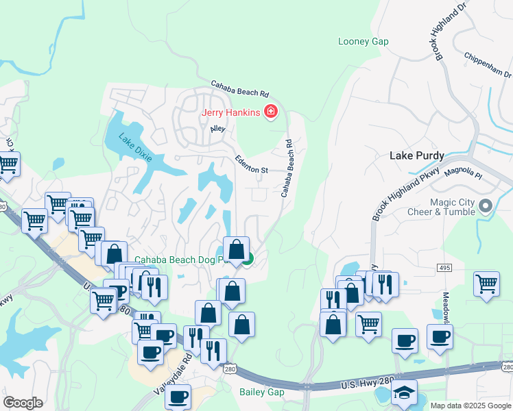 map of restaurants, bars, coffee shops, grocery stores, and more near 1301 Barristers Court in Birmingham