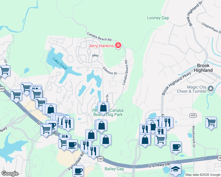 map of restaurants, bars, coffee shops, grocery stores, and more near 1301 Barristers Court in Birmingham