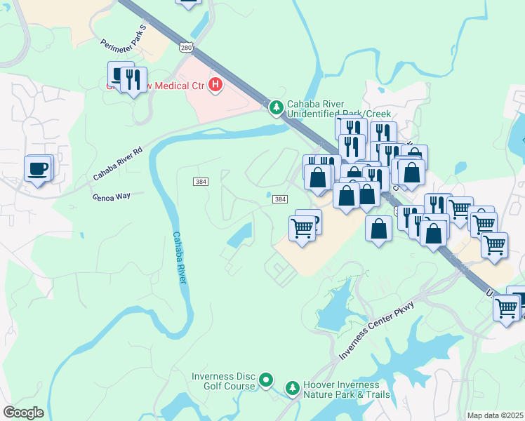 map of restaurants, bars, coffee shops, grocery stores, and more near 3604 Charleston Lane in Vestavia Hills