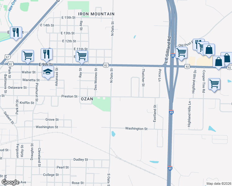 map of restaurants, bars, coffee shops, grocery stores, and more near 520 North Oats Street in Texarkana