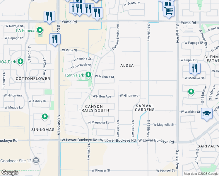 map of restaurants, bars, coffee shops, grocery stores, and more near 16746 West Apache Street in Goodyear