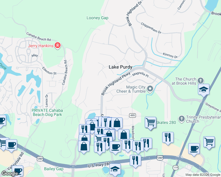 map of restaurants, bars, coffee shops, grocery stores, and more near 2031 Stone Brook Drive in Birmingham