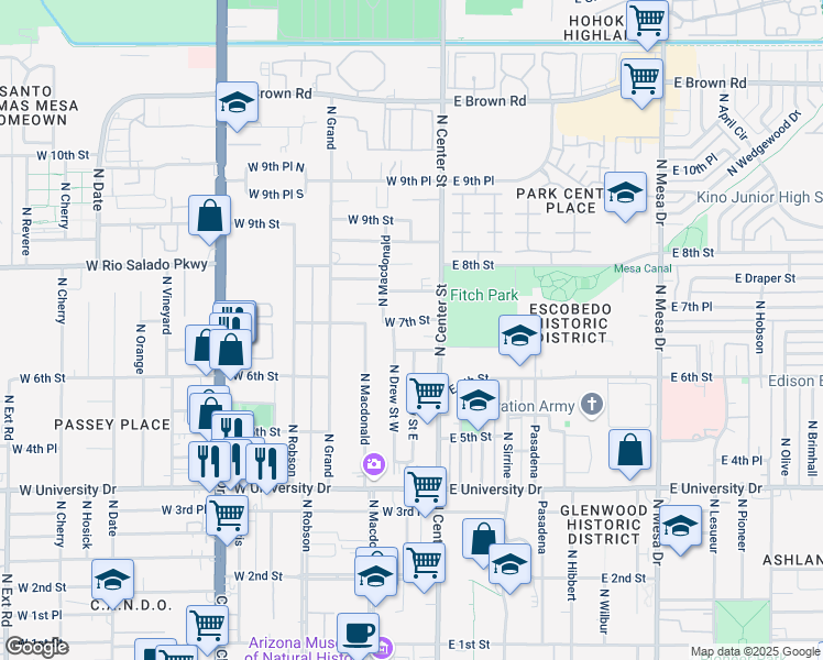 map of restaurants, bars, coffee shops, grocery stores, and more near 33 West 7th Street in Mesa