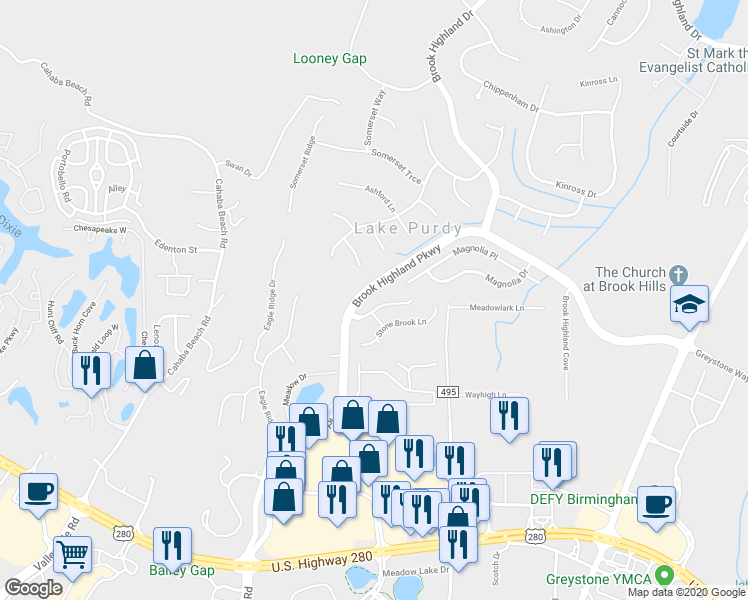 map of restaurants, bars, coffee shops, grocery stores, and more near 2031 Stone Brook Drive in Birmingham