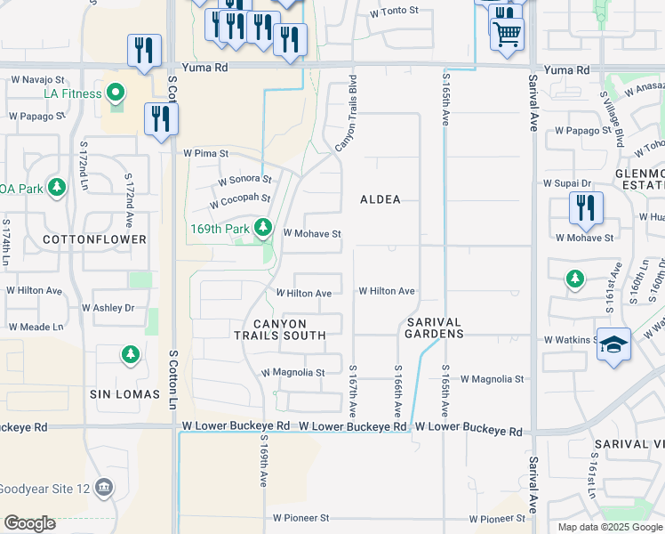 map of restaurants, bars, coffee shops, grocery stores, and more near 16746 West Apache Street in Goodyear
