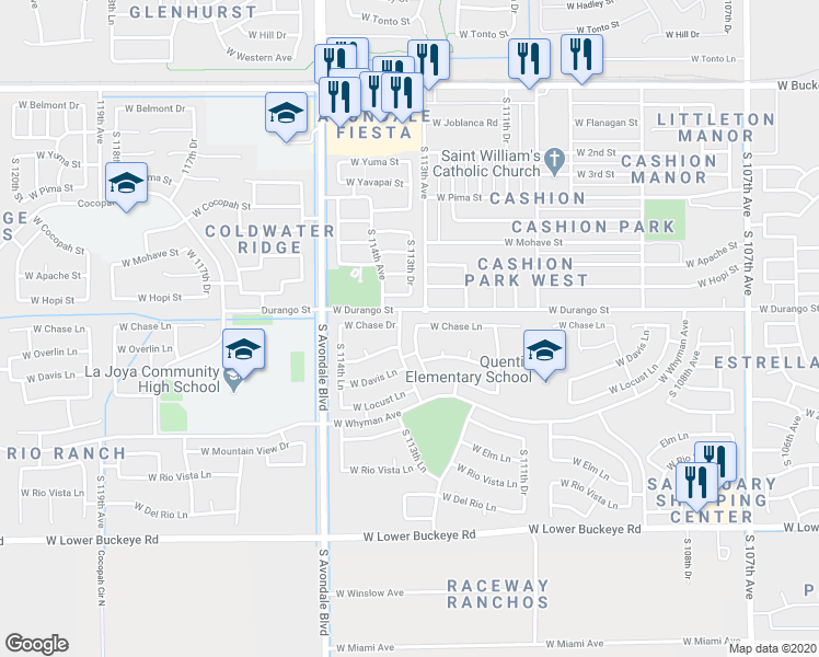 map of restaurants, bars, coffee shops, grocery stores, and more near 2106 South 113th Avenue in Avondale