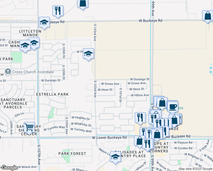 map of restaurants, bars, coffee shops, grocery stores, and more near 10219 W Gross Ave in Tolleson