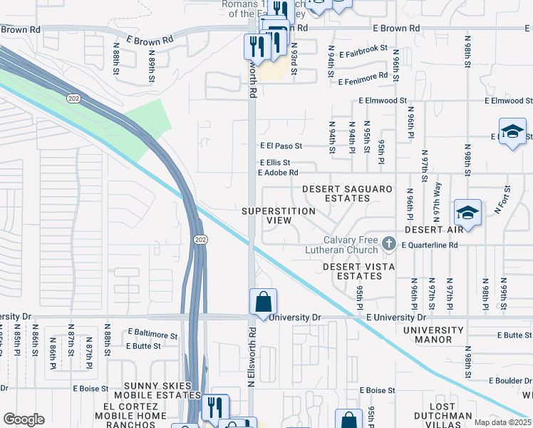 map of restaurants, bars, coffee shops, grocery stores, and more near 654 North 93rd Street in Mesa