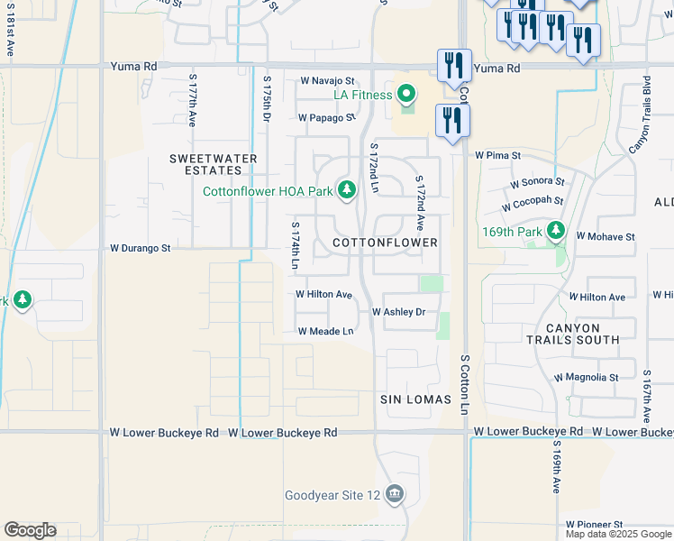 map of restaurants, bars, coffee shops, grocery stores, and more near 17324 West Elizabeth Avenue in Goodyear