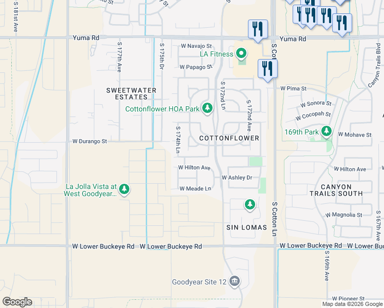 map of restaurants, bars, coffee shops, grocery stores, and more near 17392 West Elizabeth Avenue in Goodyear