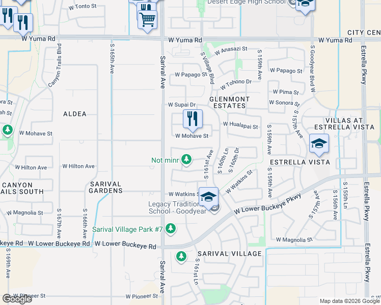 map of restaurants, bars, coffee shops, grocery stores, and more near 16193 West Durango Street in Goodyear