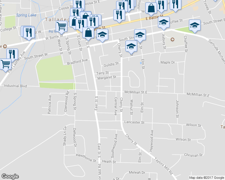 map of restaurants, bars, coffee shops, grocery stores, and more near 622 Park Avenue in Talladega