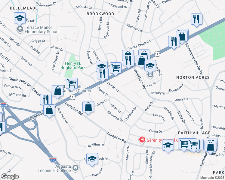 map of restaurants, bars, coffee shops, grocery stores, and more near 2564 Lyman Street in Augusta