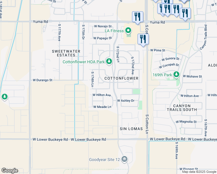 map of restaurants, bars, coffee shops, grocery stores, and more near 17324 West Elizabeth Avenue in Goodyear