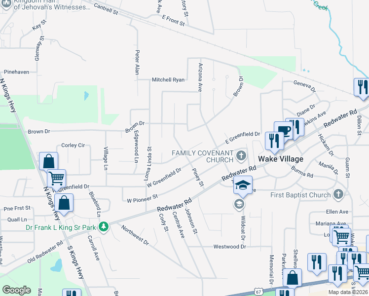 map of restaurants, bars, coffee shops, grocery stores, and more near 202 Kimball Drive in Wake Village