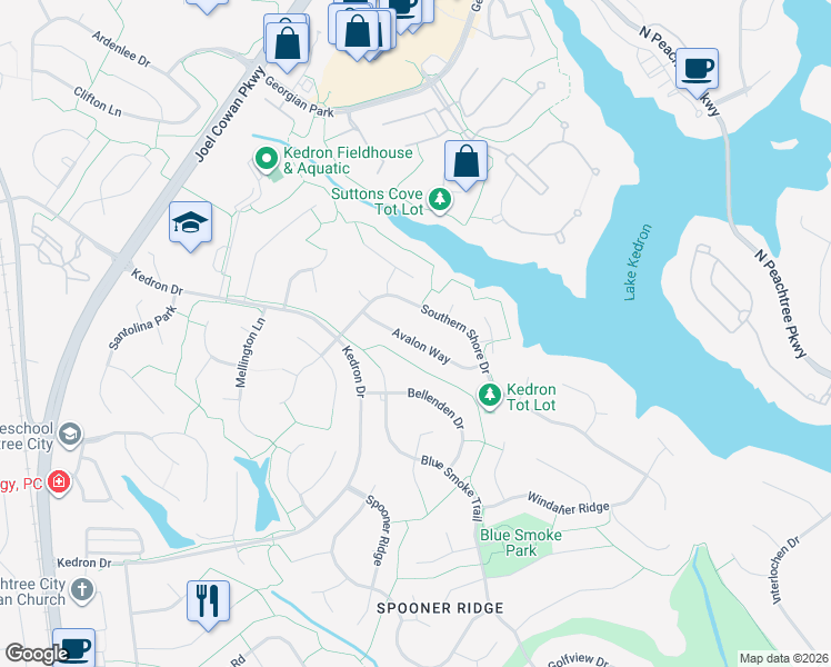 map of restaurants, bars, coffee shops, grocery stores, and more near 716 Avalon Way in Peachtree City