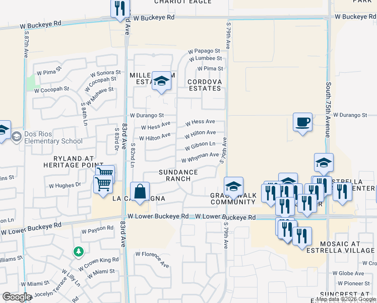 map of restaurants, bars, coffee shops, grocery stores, and more near 8029 West Gibson Lane in Phoenix