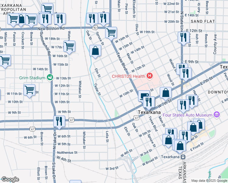 map of restaurants, bars, coffee shops, grocery stores, and more near 1024 Elm Street in Texarkana